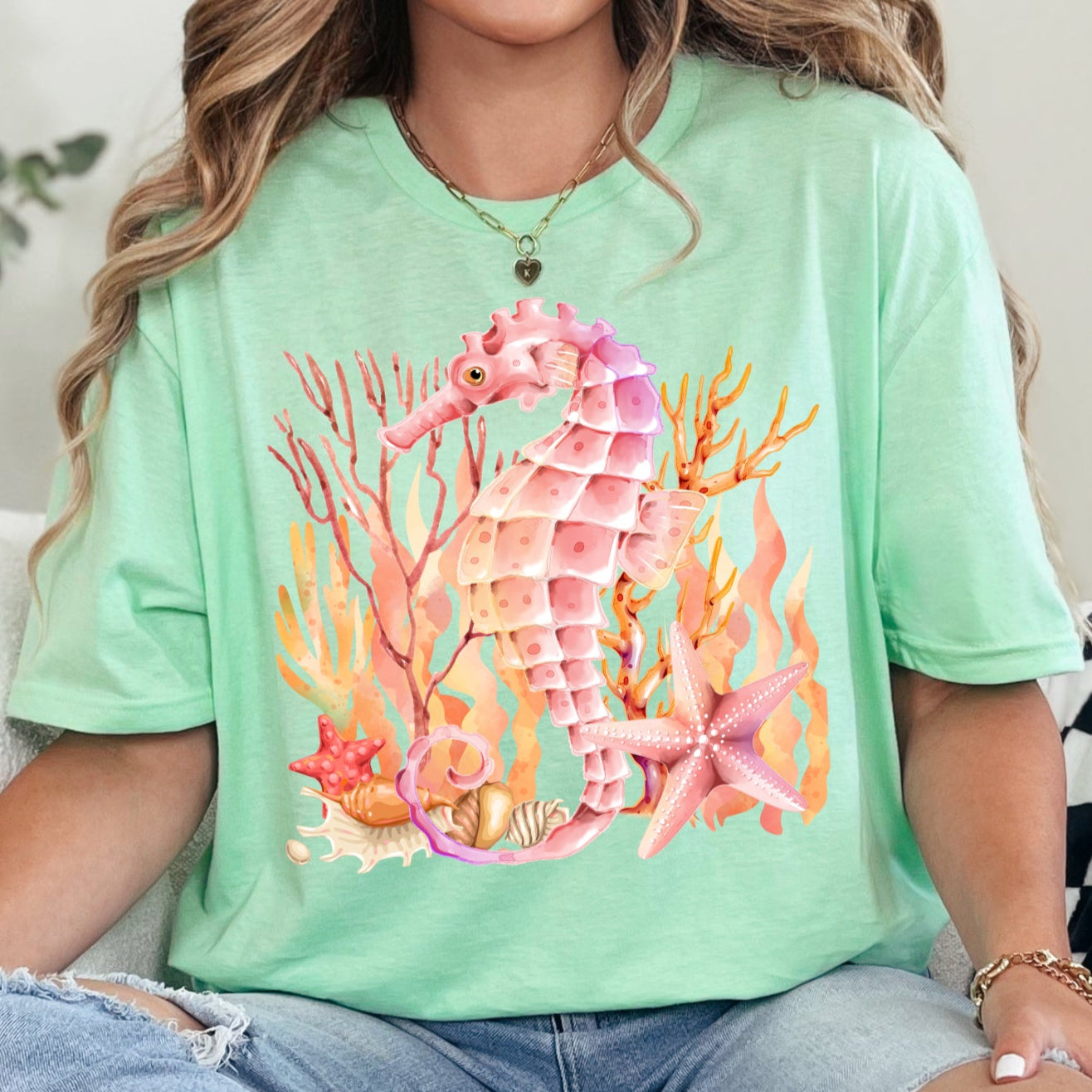 Mint green Gildan Softstyle Seahorse graphic T-shirt