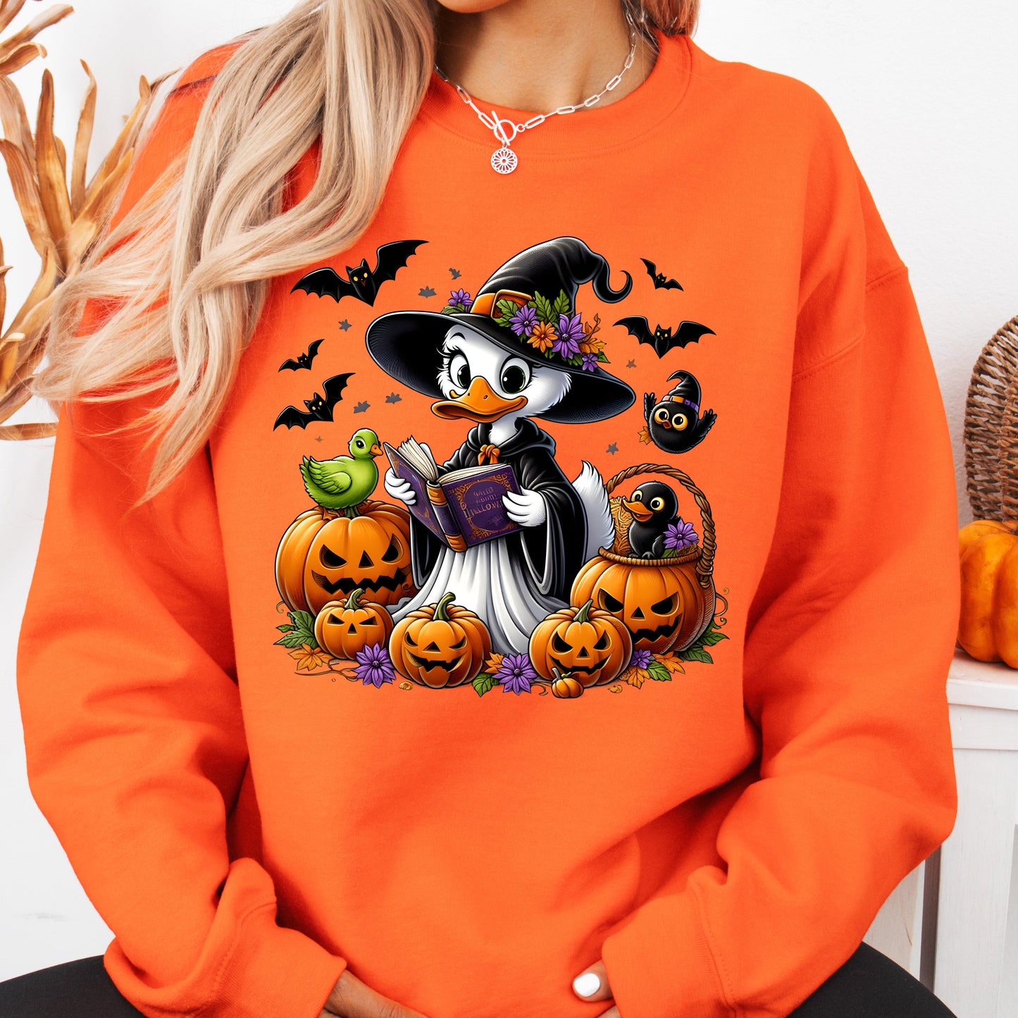 Gildan Safety Orange sweatshirt Halloween duck graphic crewneck