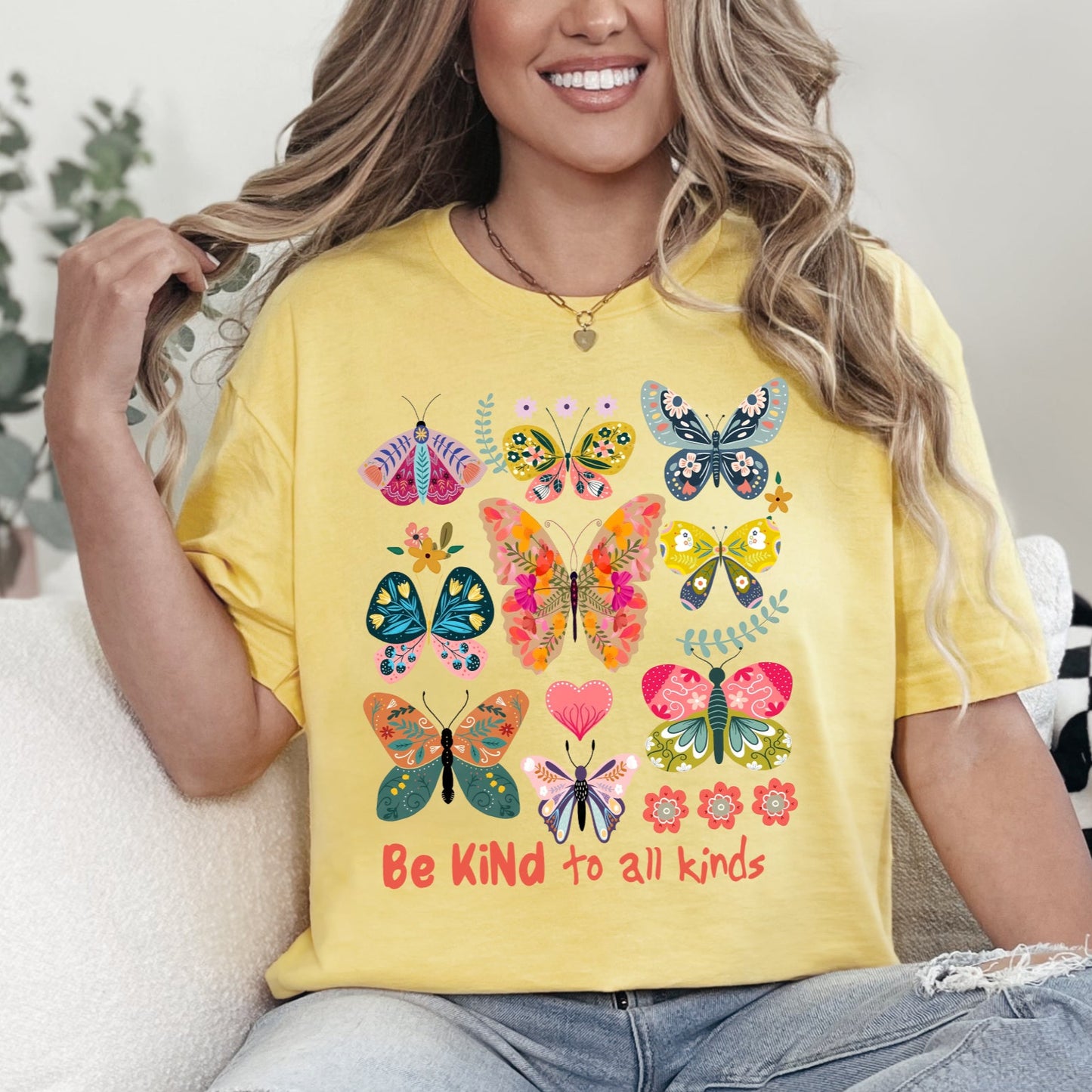Cornsilk Gildan Softstyle Be Kind butterfly graphic T-shirt