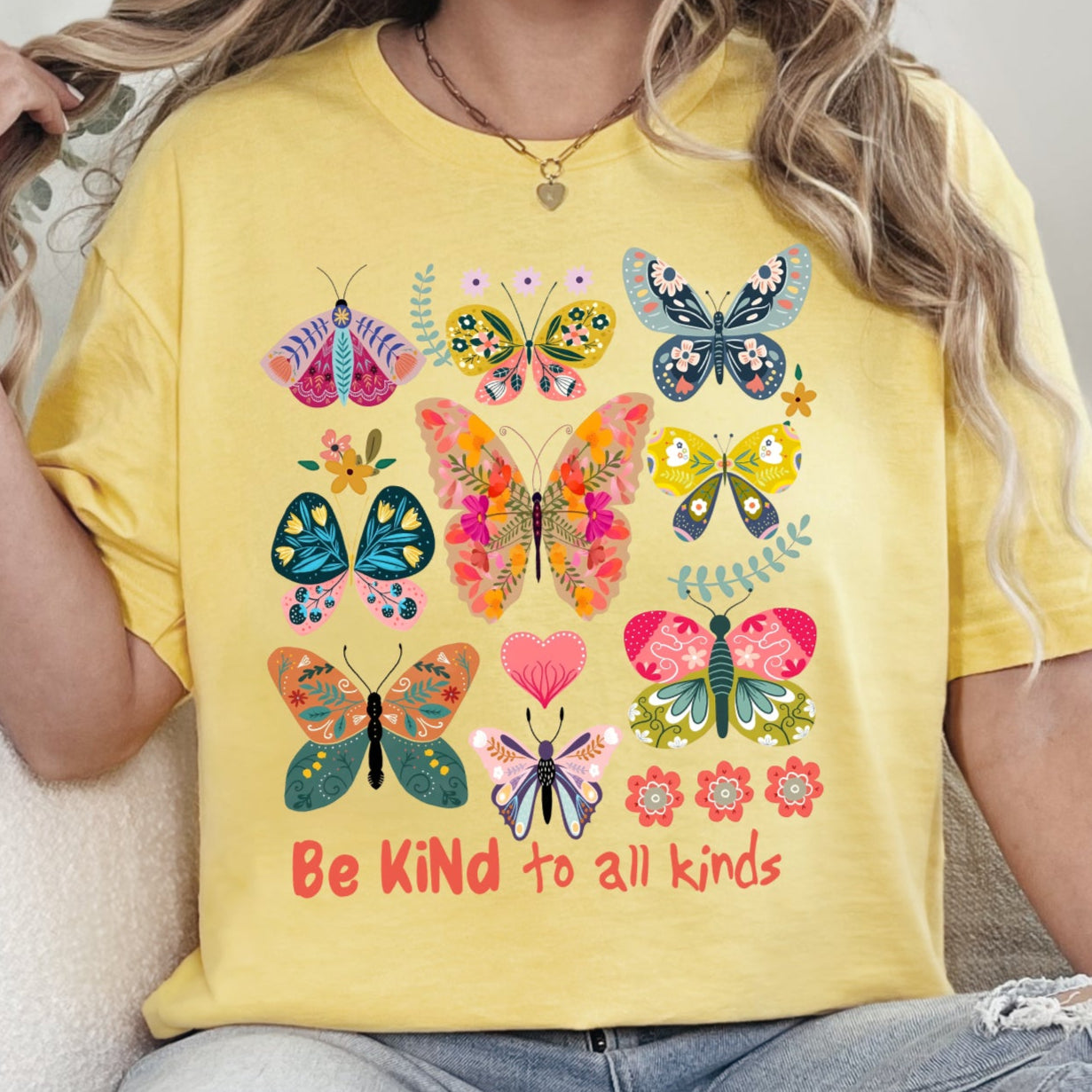 Cornsilk Gildan Softstyle Be Kind butterfly graphic T-shirt