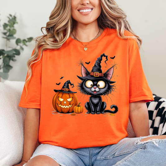 Gildan Orange Halloween cat graphic T-shirt