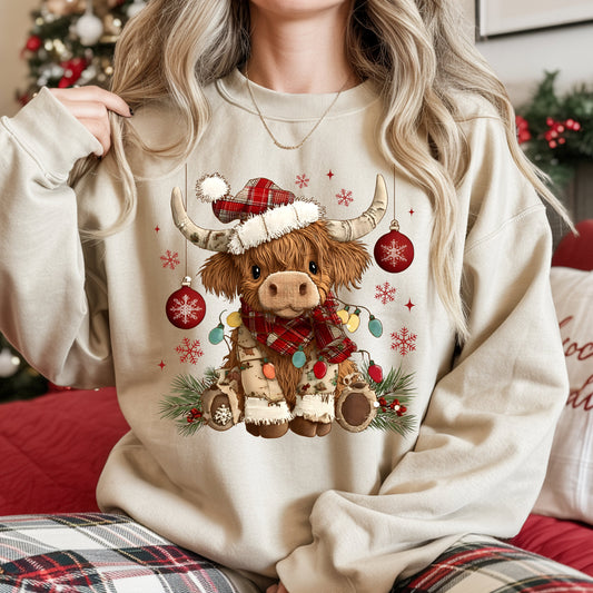 Gildan Crewneck Sweatshirt cute highland Christmas cow Sand color