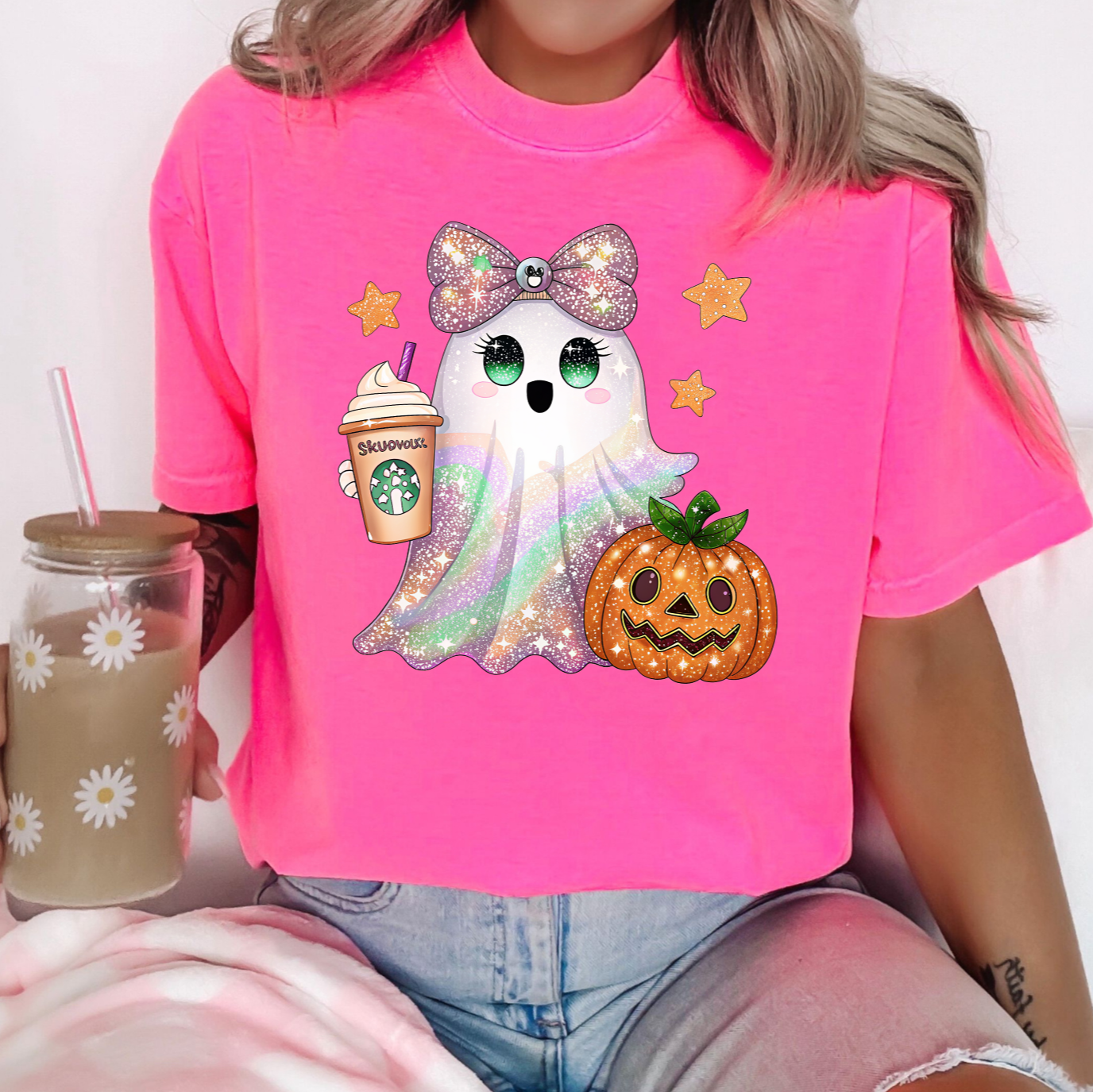 Neon pink Comfort Colors ghost Halloween graphic T-shirt