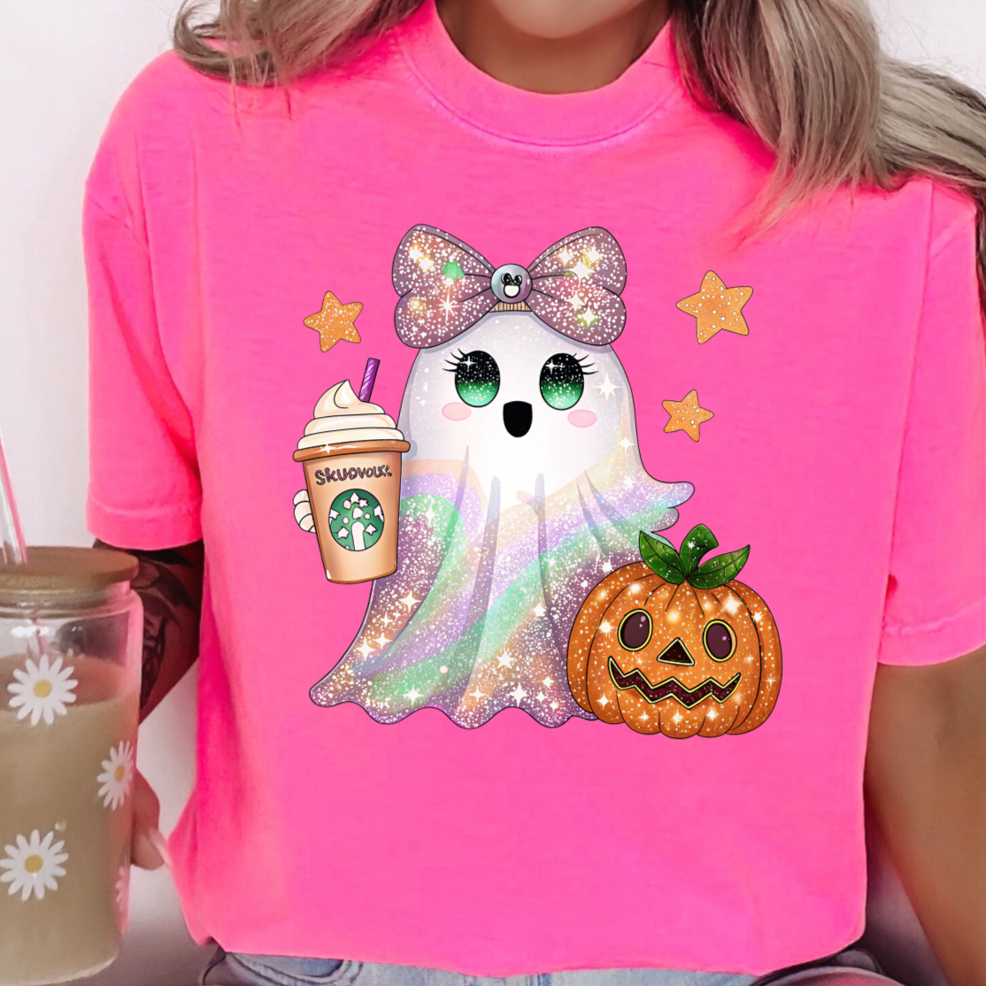 Neon pink Comfort Colors ghost Halloween graphic T-shirt