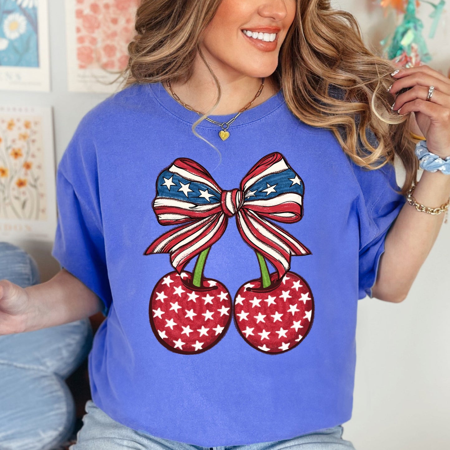 Flo Blue Comfort Colors Cherry America bow graphic T-shirt