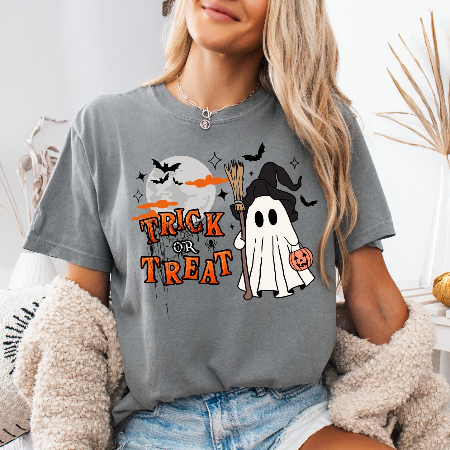 Halloween Trick or Treat Grey Comfort colors graphic T-shirt