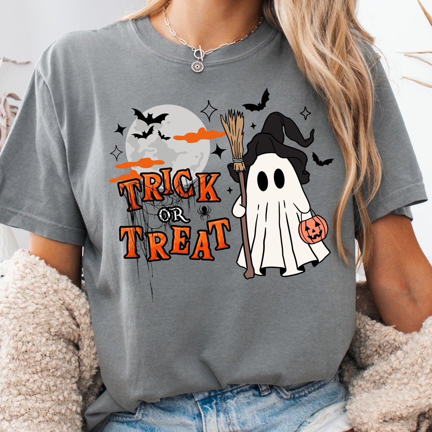 Halloween Trick or Treat Grey Comfort colors graphic T-shirt
