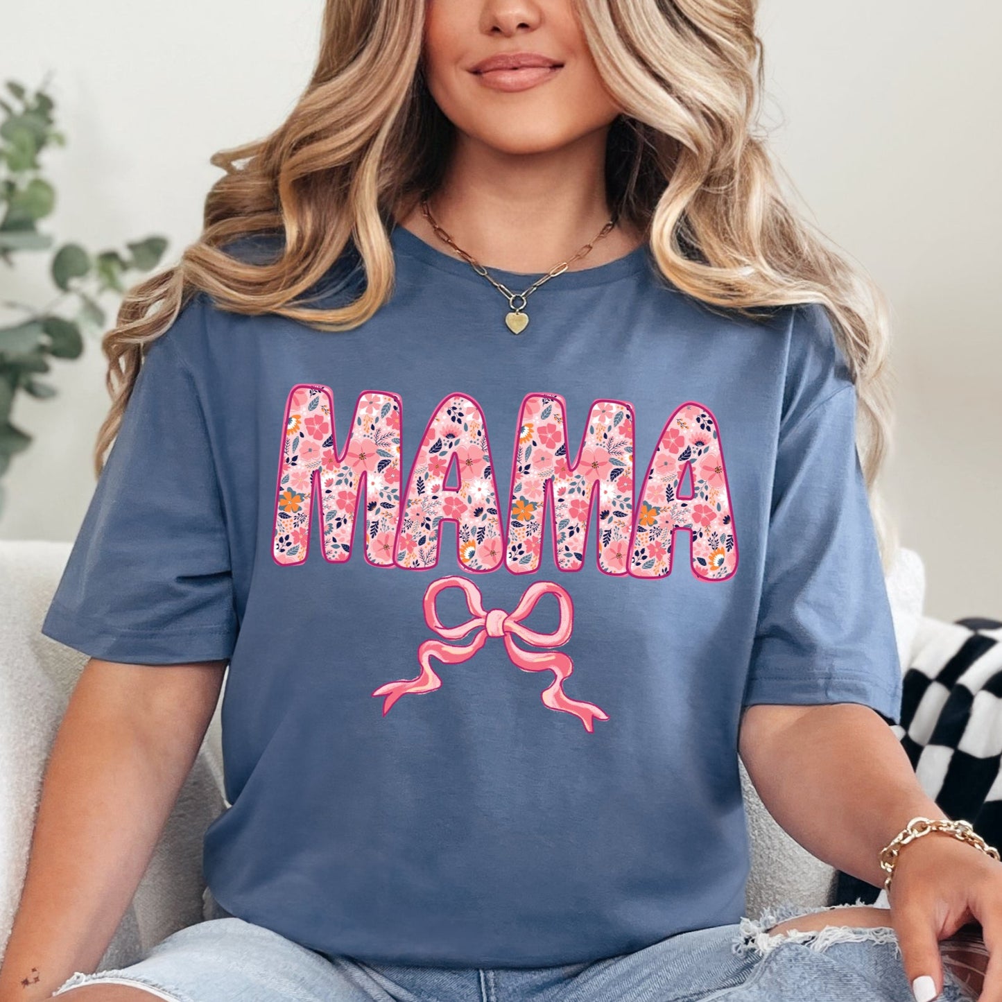 Indigo blue Gildan Softstyle Mama graphic T-shirt.