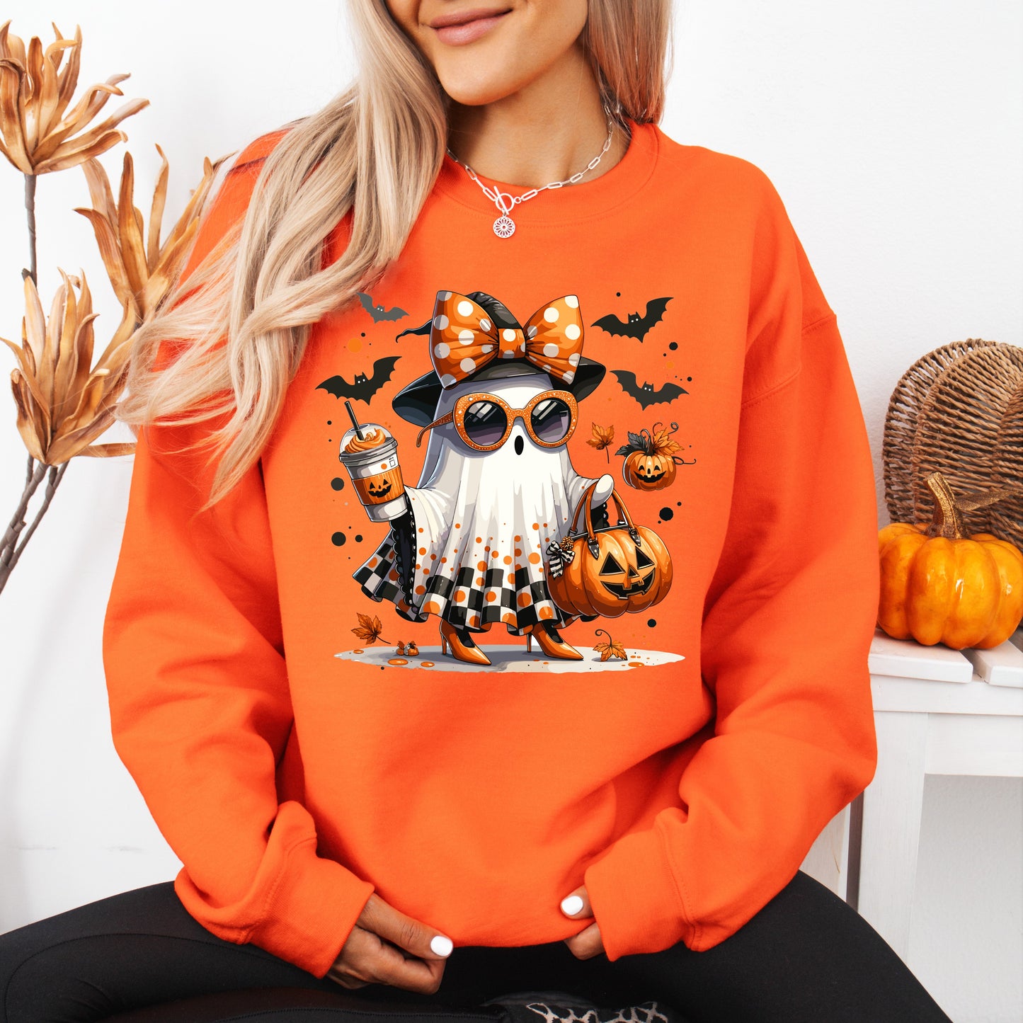 Gildan Safety orange sweatshirt sassy ghost graphic crewneck