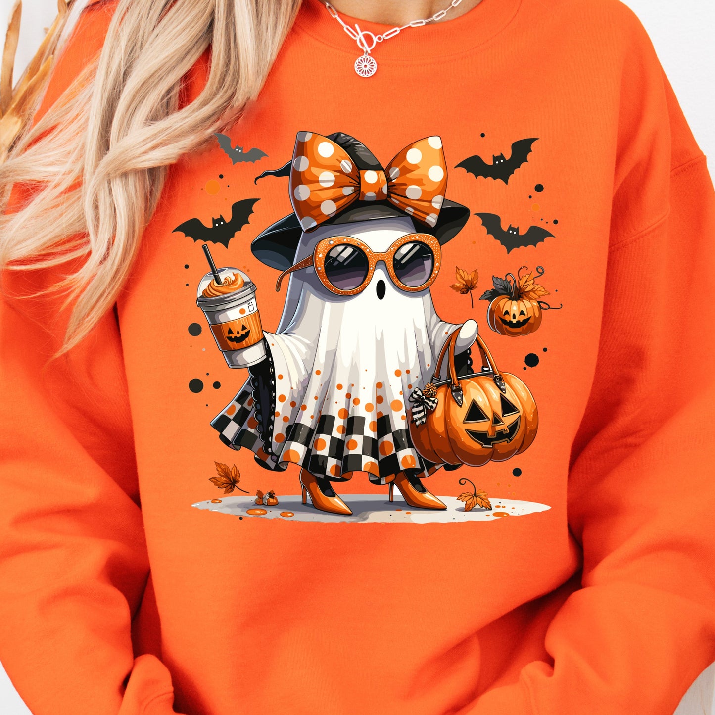 Gildan Safety orange sweatshirt sassy ghost graphic crewneck