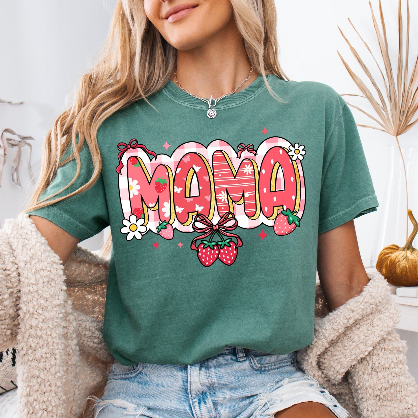 Light green Comfort Colors Strawberry Mama graphic T-shirt