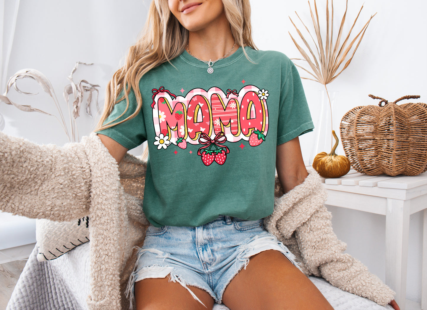 Light green Comfort Colors Strawberry Mama graphic T-shirt
