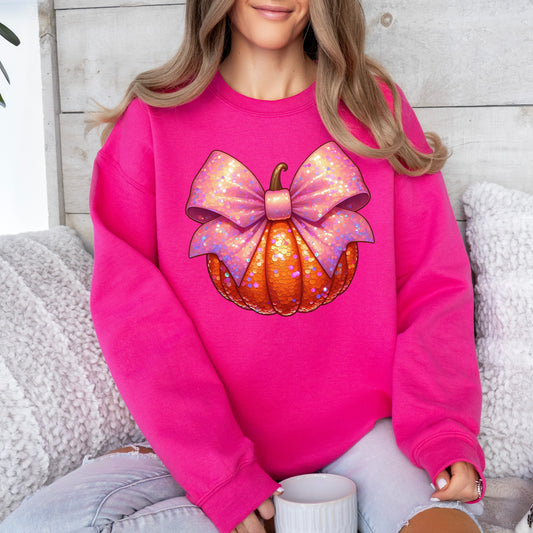 Gildan Sweatshirt crewneck Heliconia, pumpkin with pink bow graphic crewneck.