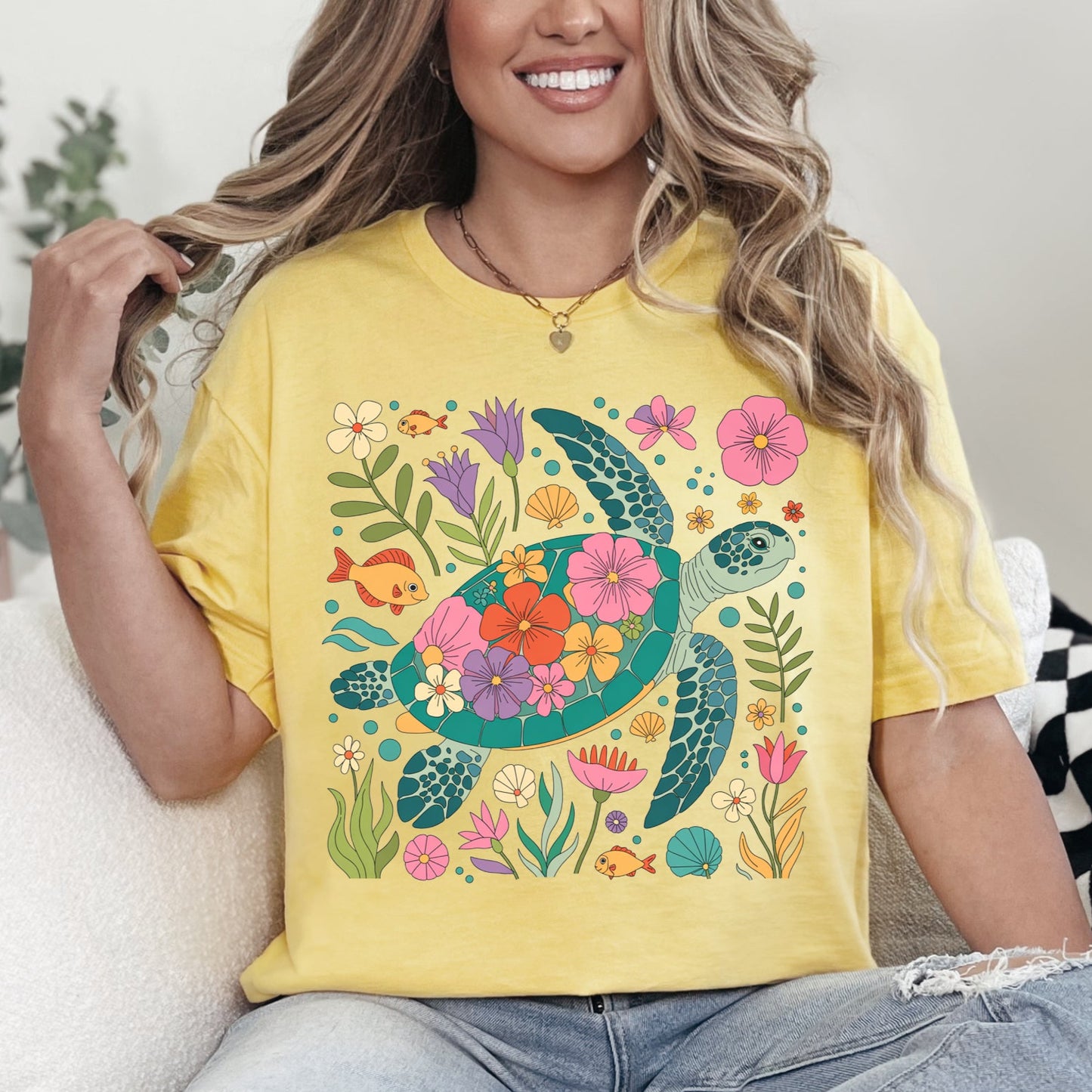 Cornsilk Gildan Softstyle sea turtle graphic T-shirt