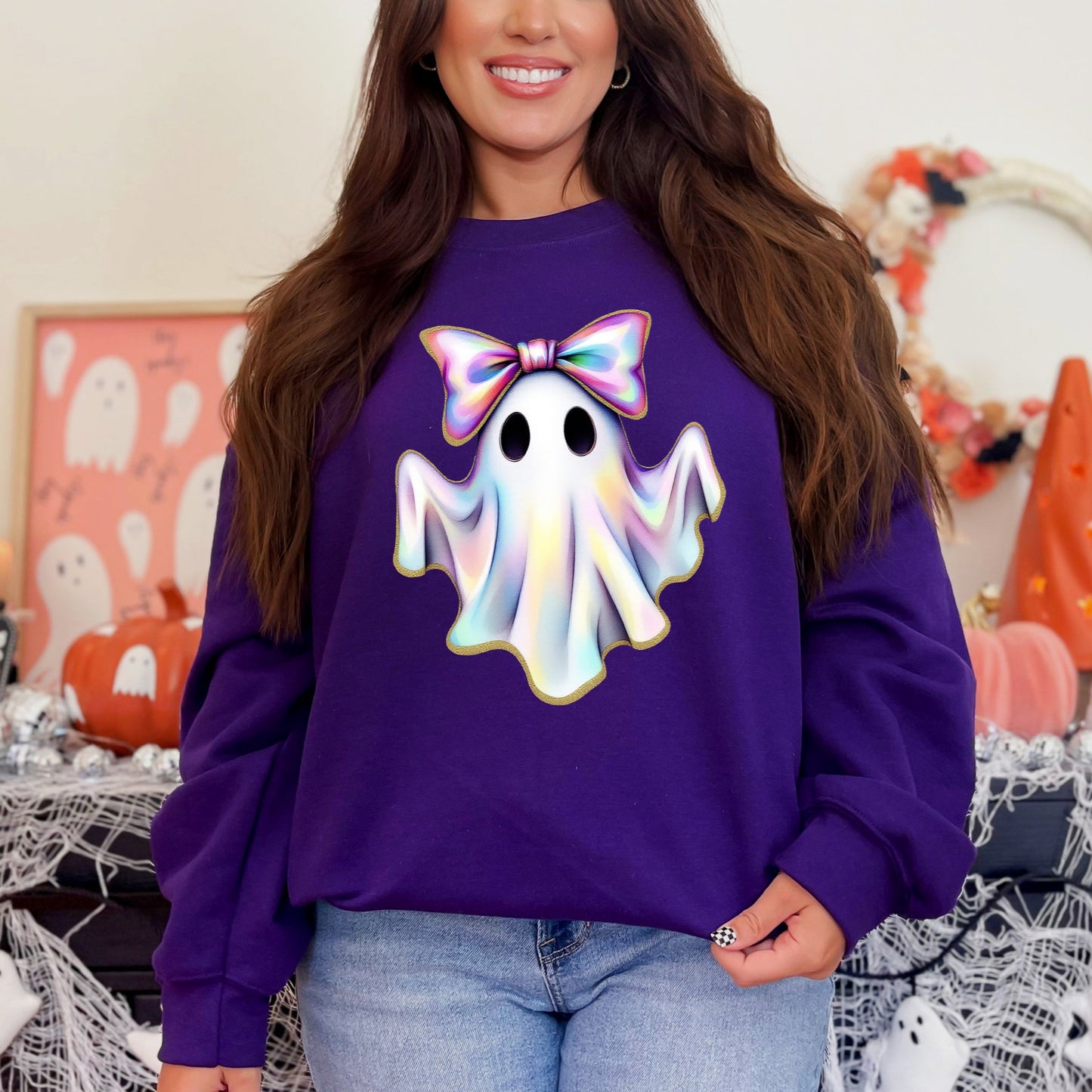 Gildan purple sweatshirt cute ghost with bow graphic crewneck