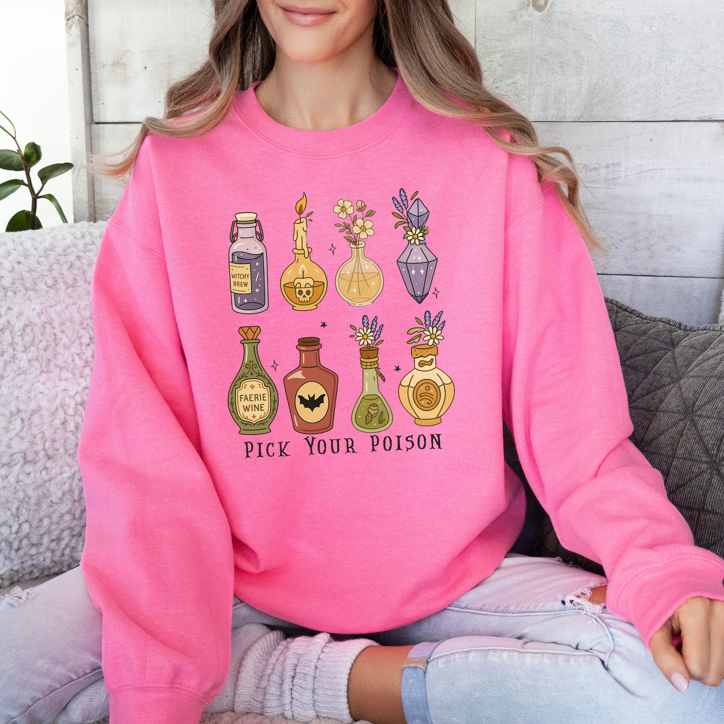 Gildan safety pink sweatshirt Halloween graphic crewneck