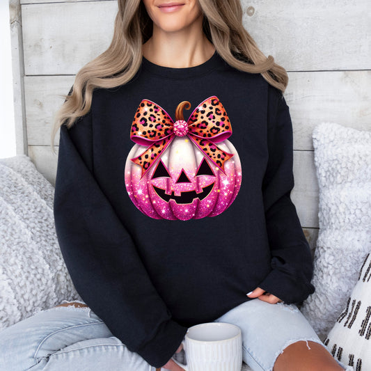 Gildan Black sweatshirt, pink Halloween pumpkin graphic crewneck.