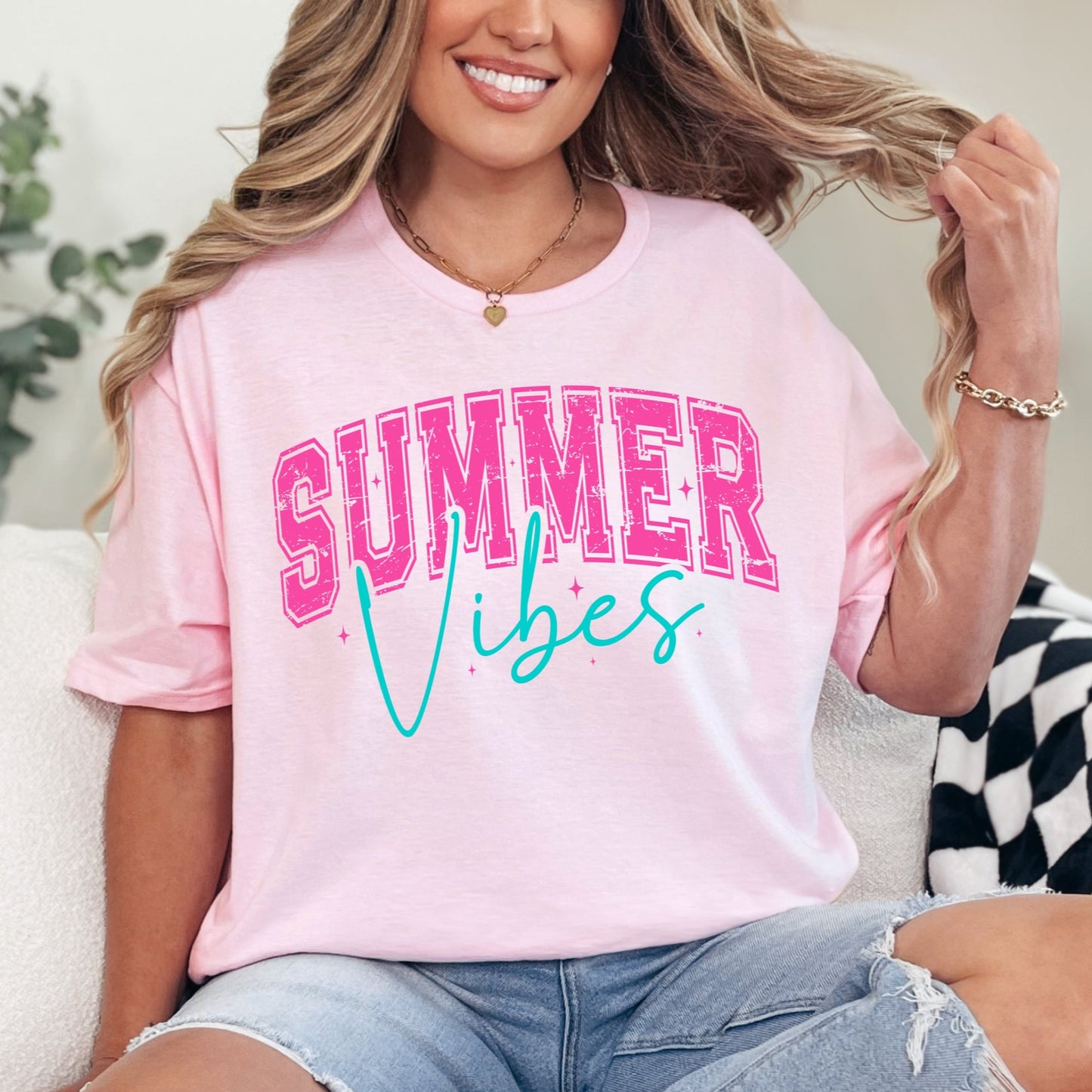 Light pink Gildan Softstyle Summer Vibes graphic T-shirt