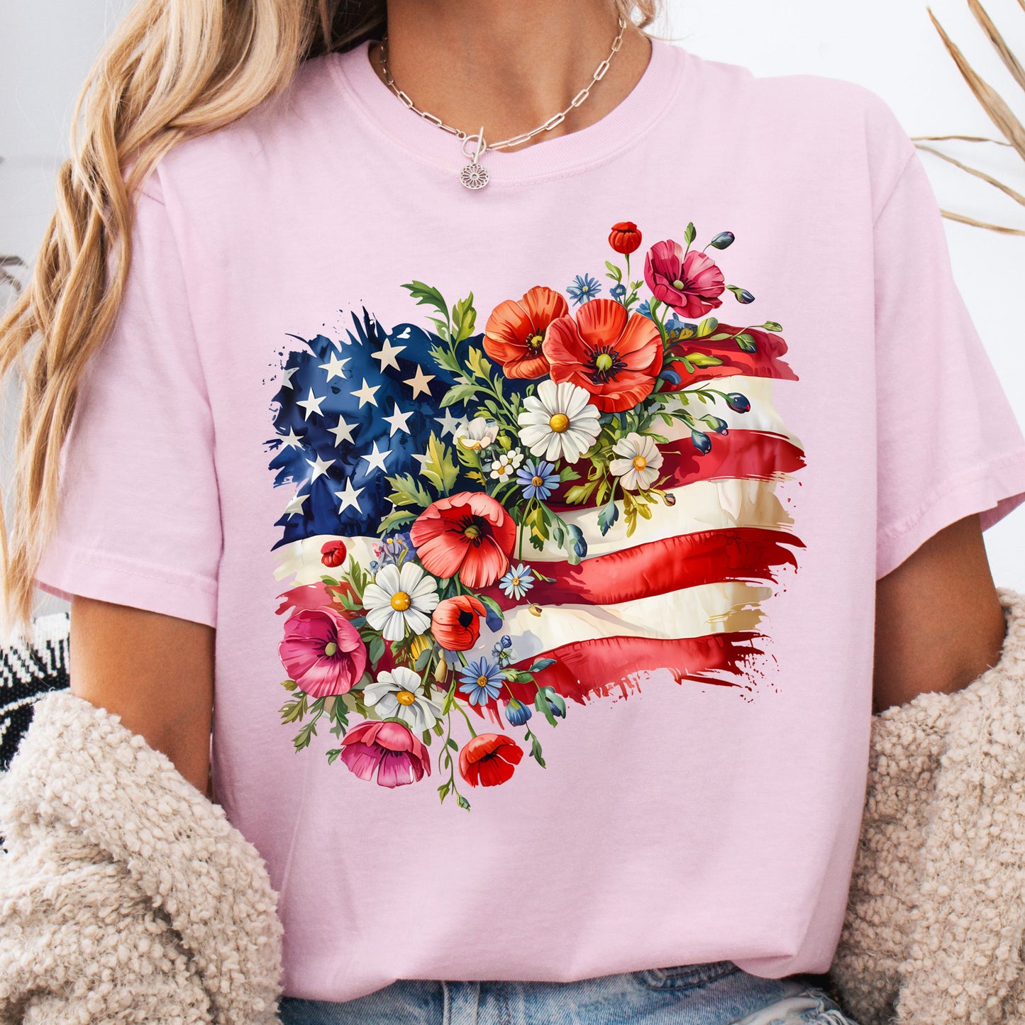 Pink Blossom Comfort Colors Patriotic Graphic T-shirt.